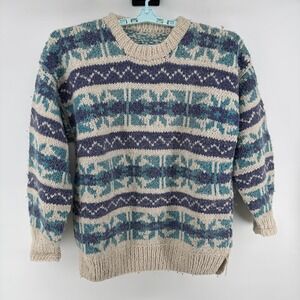 Fair Isle Sweater Womens Large Cream Blue Teal Chunky Knit Warm Winter Pullover
